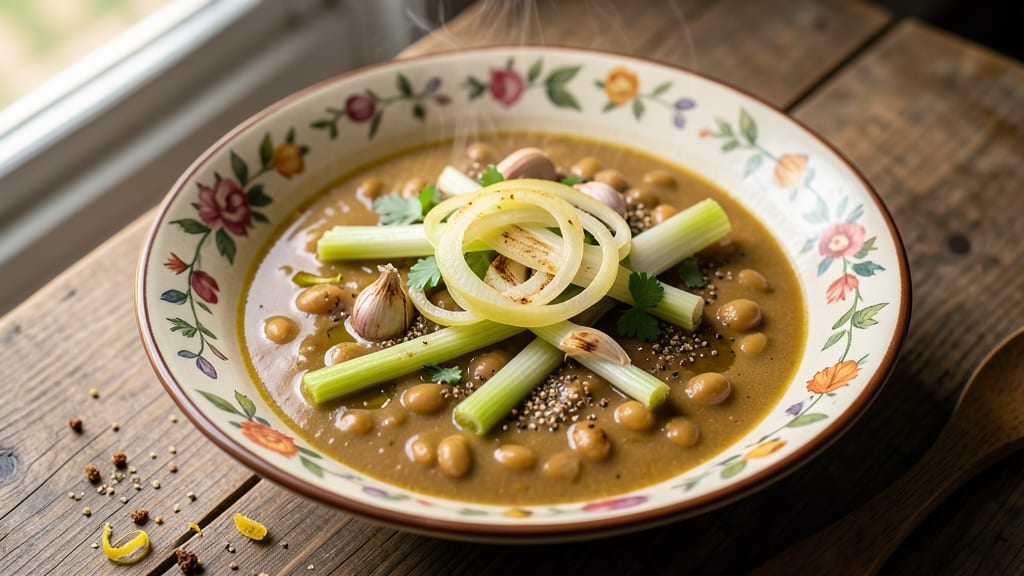 Adas Soup Arabic Recipe: Crispy Celery Crowns Over Zesty Lemon-Anchovy Velout
