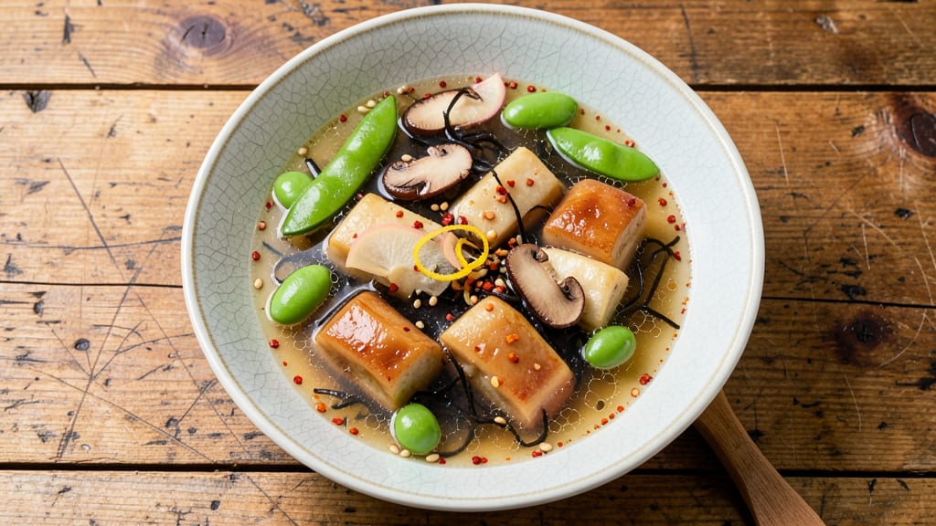 Bean Curd Soup Recipe: Silky Edamame Broth With Crispy Celery Crowns