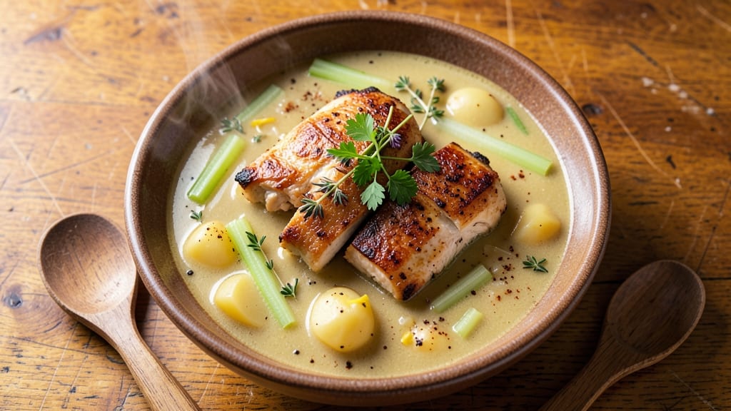 Alabama Power Potato Soup Recipe: Crispy Celery Crowns on Creamy Herb Velout