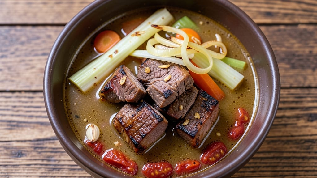 Beef Rivel Soup Recipe: Crisp Celery Crowns Over Umami-Rich Tomato Velout