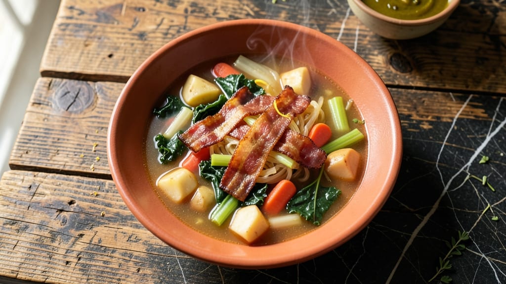 Applewood Farmhouse Vegetable Soup Recipe: Smoky Applewood Crunch Over Creamy Herb Velout