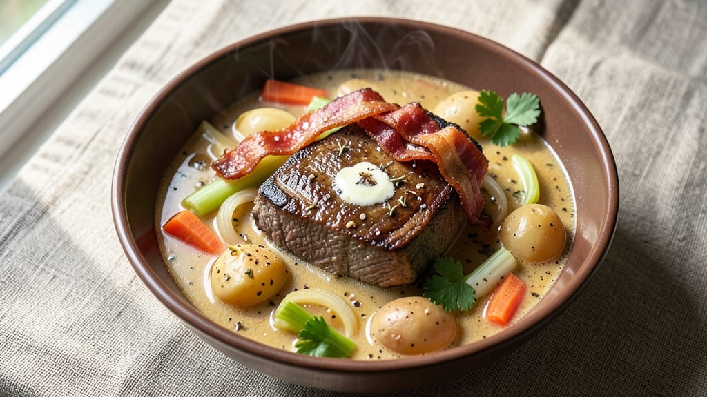 Beef Chowder Soup Recipe: Smoky Bacon Crunch and Creamy Herb Velout Fusion