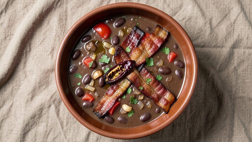 Black Bean and Bacon Soup Recipe: Smoky Bacon Crunch Over Silky Bean Velout