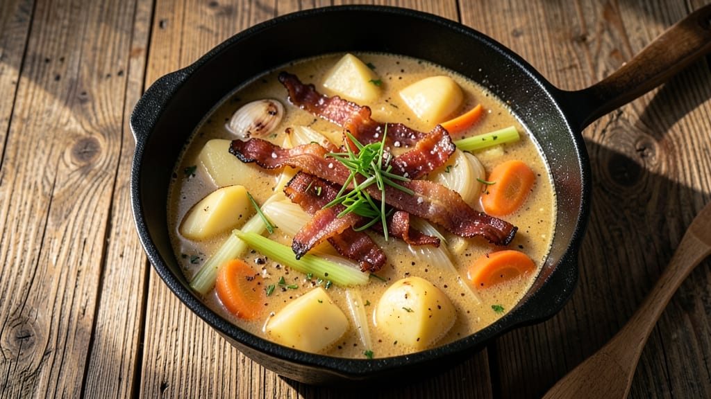 Berlin Potato Soup Recipe: Crispy Celery Crowns on Smoky Bacon Base
