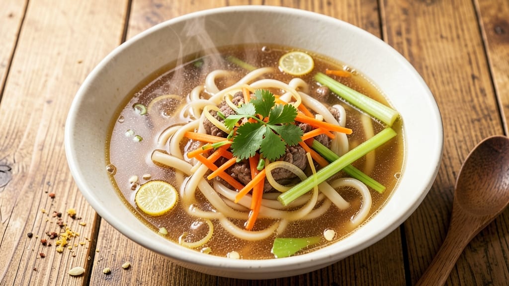 Beef Broth Udon Noodle Soup Recipe: Crisp Celery Crowns Over Silky Noodles