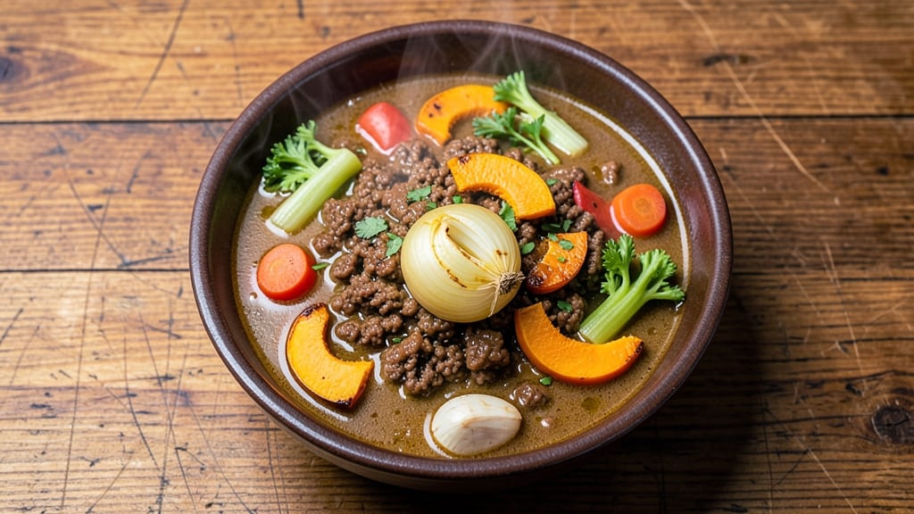 Autumn Ground Beef Soup Recipe: Savory Celery Crown Crunch Over Hearty Beef Velout