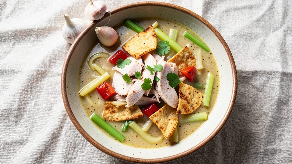 Amazing Chicken Tortilla Soup Recipe: Crispy Celery Crowns Over Smoky Cumin Velout