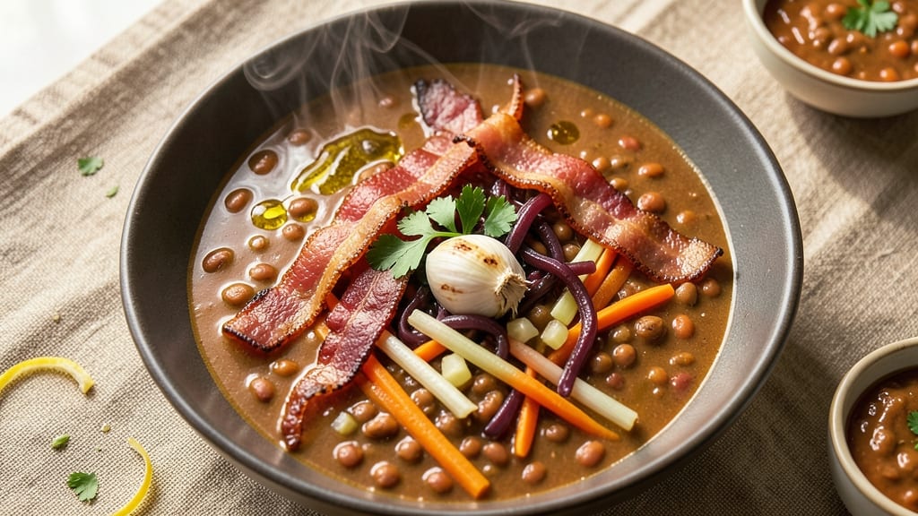 Bacon Red Lentil Soup Recipe: Smoky-Spiced Crunch Over Creamy Velout Base