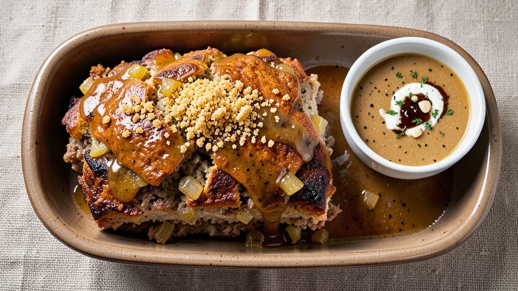 Beefy Onion Soup Meatloaf Recipe: Crisp Celery Crowns Over Savory Velout Topping