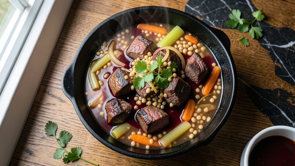 Beef Barley Soup Recipe with Red Wine: Deep-Red Wine Infusion and Hearty Barley Bites