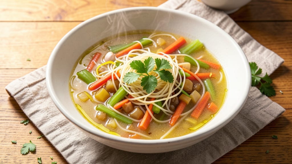 Angel Hair Soup Recipe: Celery Crown Crunch Over Creamy Herb Velout
