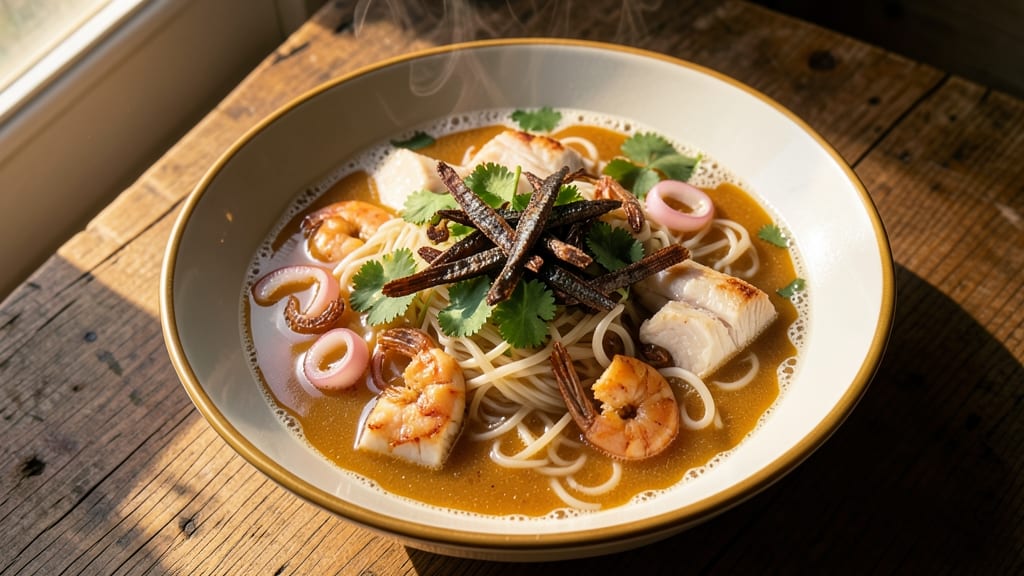 Asian Seafood Noodle Soup Recipe: Silky Broth With Star Anchovies and Crispy Shallots