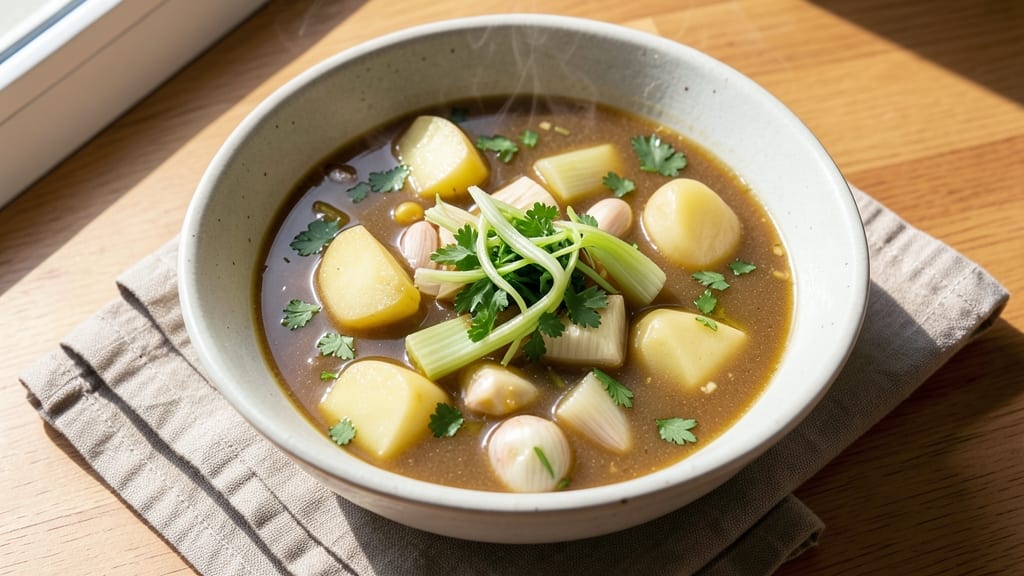 Basque Garlic Soup Recipe: Smoky Potato and Celery Crown Crunch