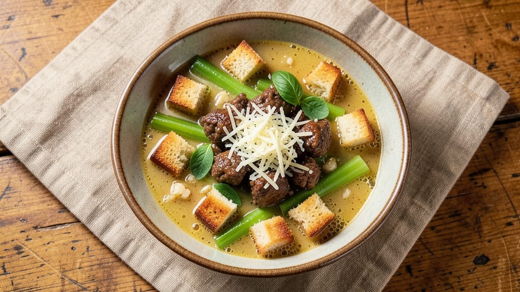 Best Rated Italian Wedding Soup Recipe: Crisp Celery Crowns Over Herbed Bread Cube Bliss