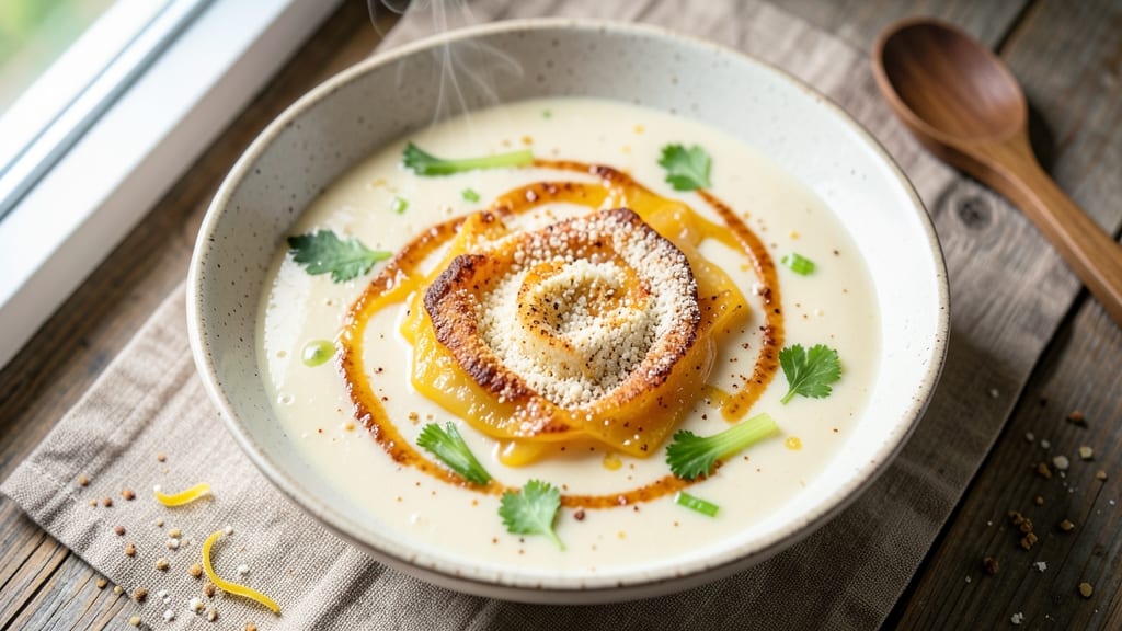 American Cheese Soup Recipe: Crispy Celery Crowns Over Melty Velout