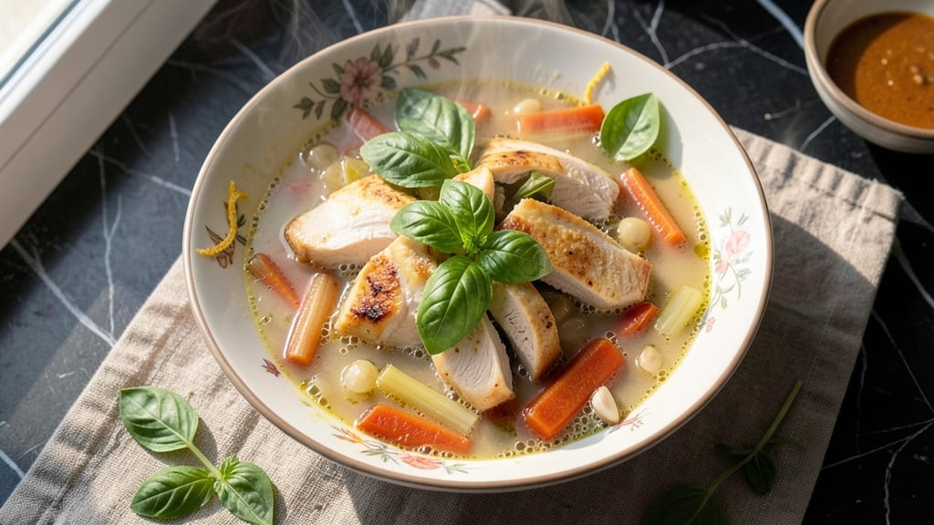 Chicken and Basil Soup Recipe: Herb-Infused Comfort With Celery Crown Crunch