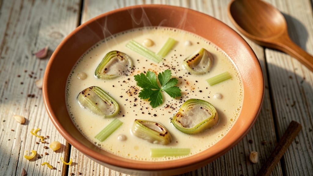 Artichoke Hearts Soup Recipe: Crispy Celery Crowns Over Creamy Herb Velout