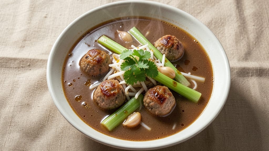 Beef Ball Soup Recipe: Crispy Celery Crowns Over Umami-Rich Tomato Broth