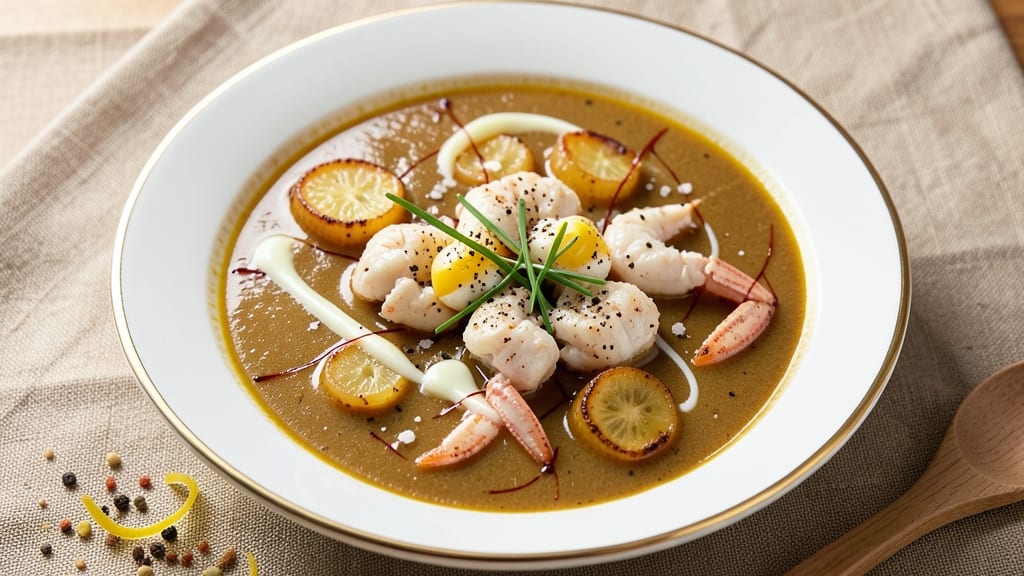 Award-Winning She-Crab Soup Recipe: Crispy Celery Crowns on Creamy Anchovy Velout