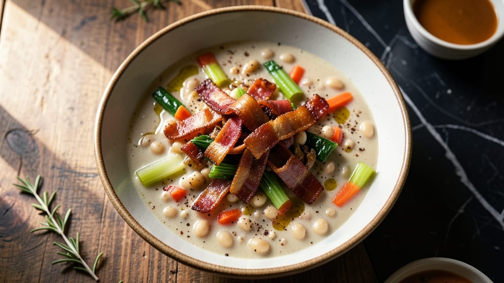 Bean Chowder Soup Recipe: Smoky Bacon and Celery Crown Crunch