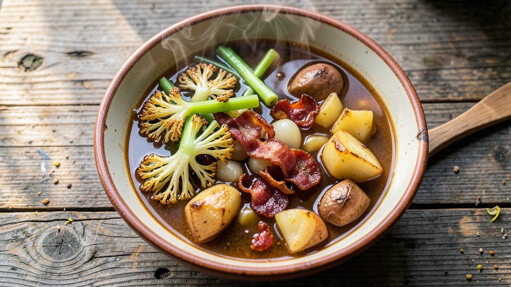 Bakersfield Basque Soup Recipe: Crispy Celery Crowns Over Smoky Bacon Velout