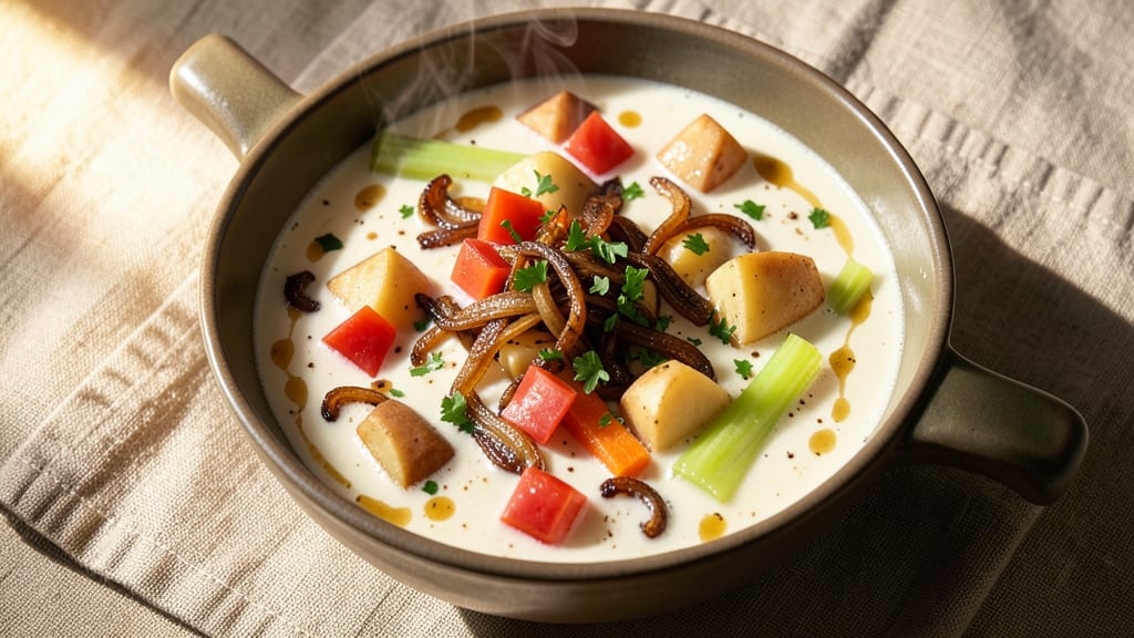 54th Street Potato Soup Copycat Recipe: Crisp Celery Crowns on Velvety Herb Base