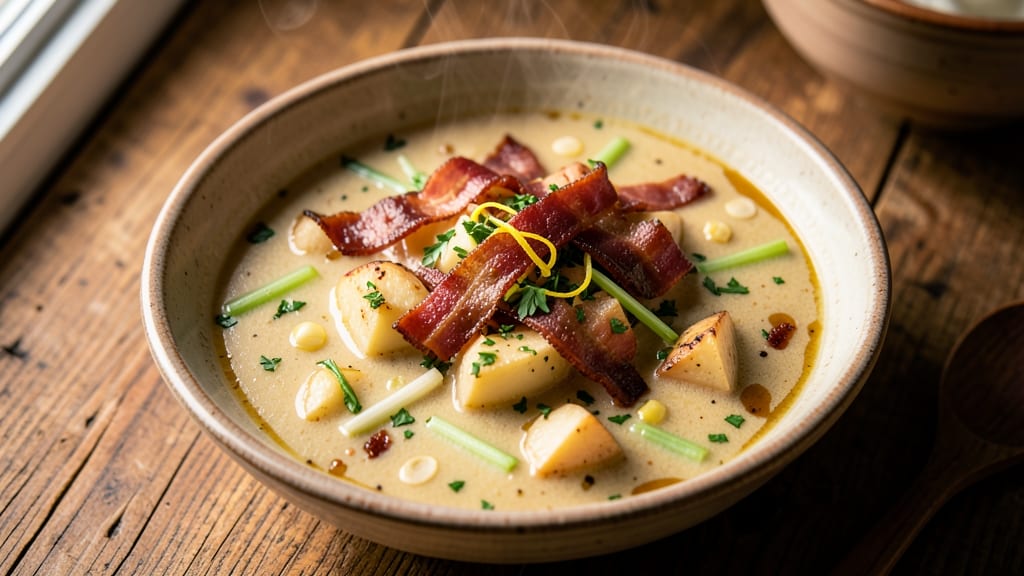 Baked Potato and Bacon Soup Recipe: Crispy Celery Crowns Over Smoky Velout Magic