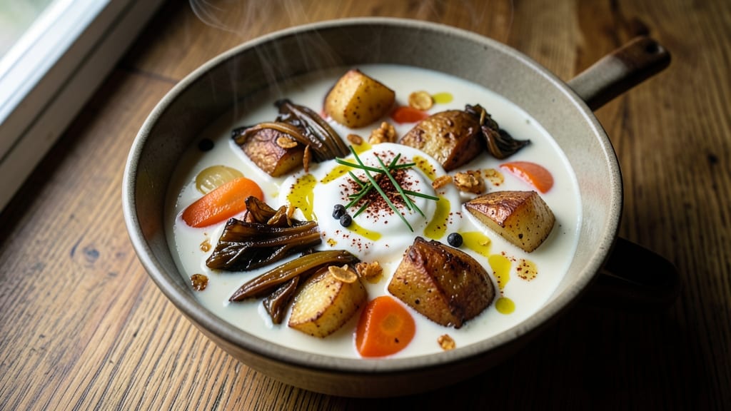 Big Potato Soup Recipe: Crispy Celery Crowns Float on Creamy Velouté