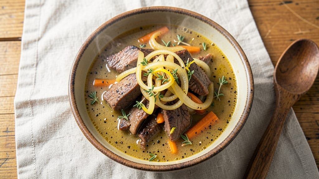 Beef on Weck Soup Recipe: Crispy Celery Crowns Over Rich Beef Broth