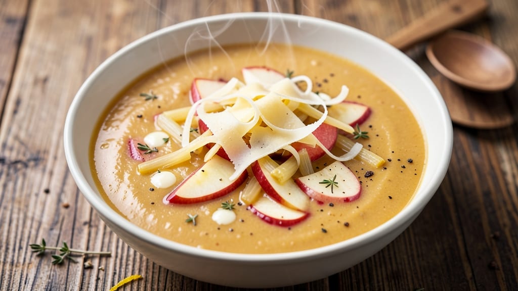 Apple Cheddar Soup Recipe: Crisp Celery Crowns Float on Spiced Cream Velout