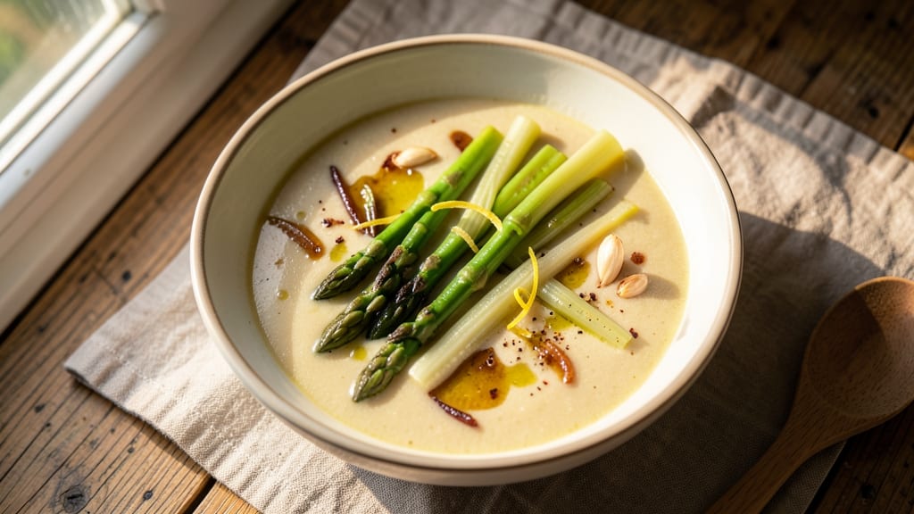 Asparagus and Celery Soup Recipe: Crisp Celery Crowns Over Silky Herb Velout