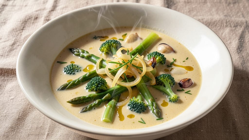 Asparagus and Broccoli Soup Recipe: Spring Green Velout With Crispy Celery Crowns