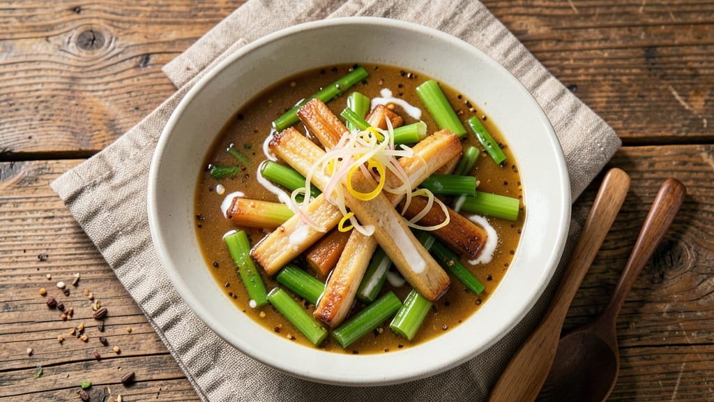 Bean Curd Stick Soup Recipe: Crispy Celery Crowns and Silky Miso Velout