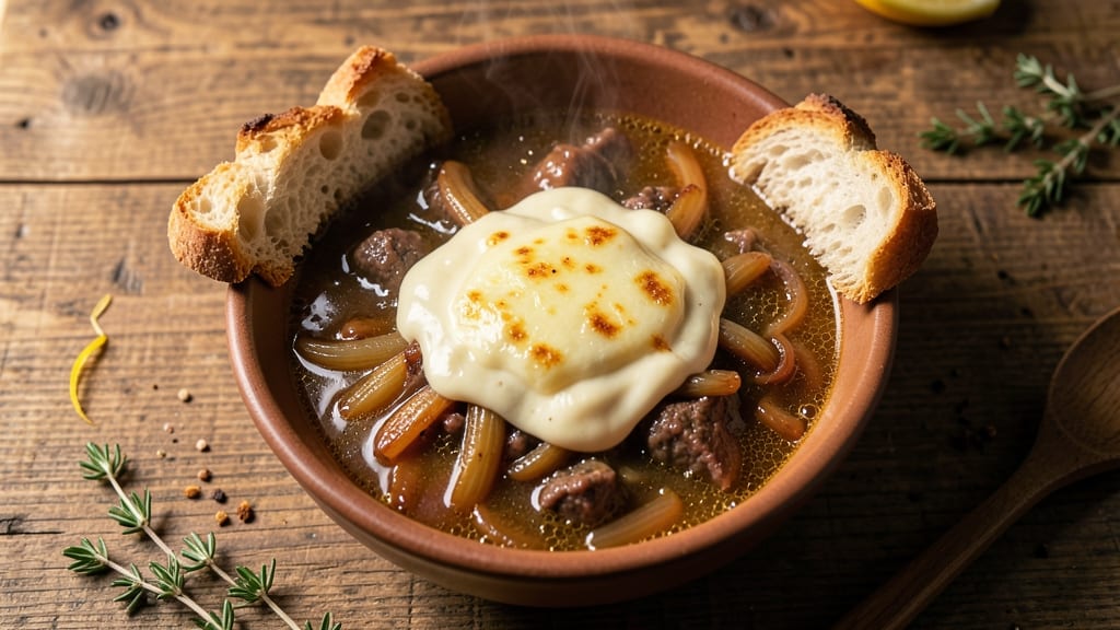 All Day French Onion Soup Recipe: Toasted Bread Cubes and Caramelized Onions Over Creamy Velout