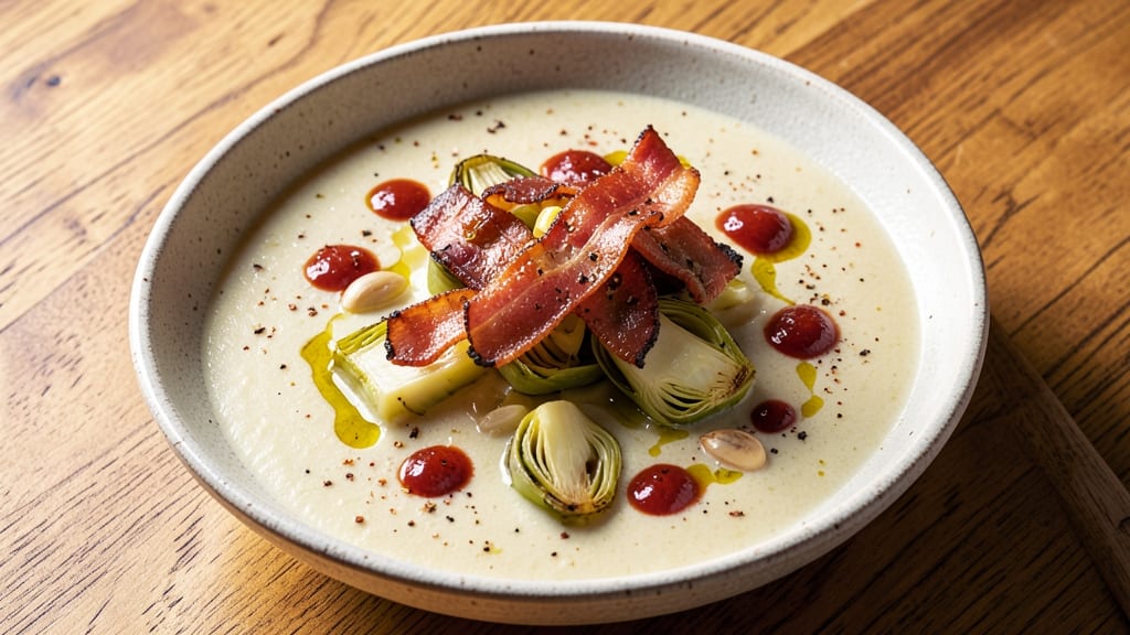 Artichoke Soup Pescadero Recipe: Smoky Bacon Crunch and Silky Herb Velout