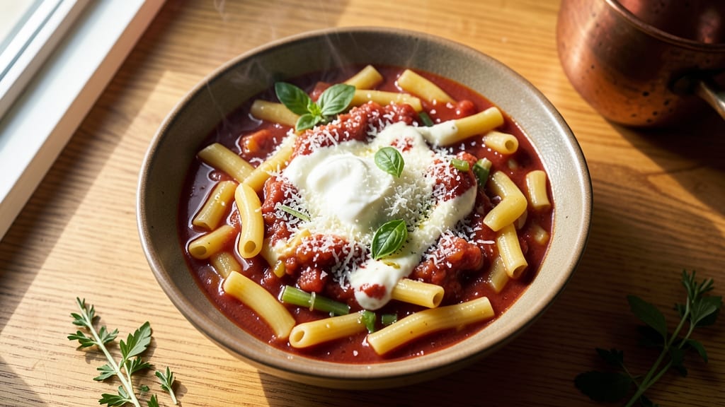 Baked Ziti Soup Recipe: One-Pot Creamy Comfort with Crispy Celery Crowns
