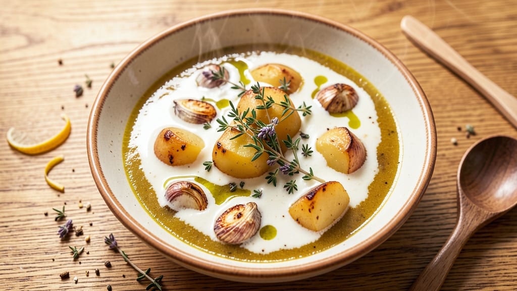 Aubrey's Potato Soup Recipe: Silky Herb Velout With Roasted Garlic Crunch