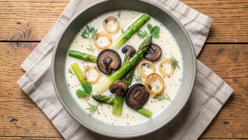 Asparagus And Mushroom Soup Recipe: Earthy Spring Velout With Crisp Celery Crowns