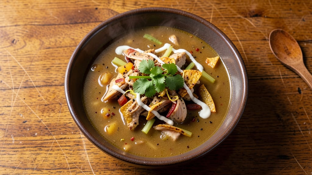 BJ's Brewhouse Tortilla Soup Recipe: Crispy Celery Crowns Over Smoky Anchovy Velout