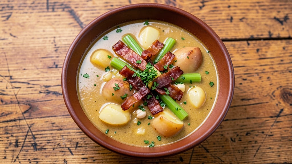 Awesome Potato Soup Recipe: Crispy Celery Crowns Over Smoky Bacon Velout