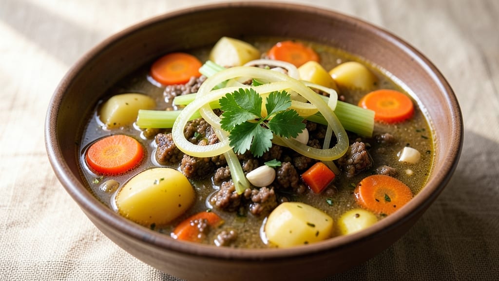 Best Hamburger Soup Recipe With Potatoes and Carrots: Crispy Celery Crowns Over Hearty Beef Velout