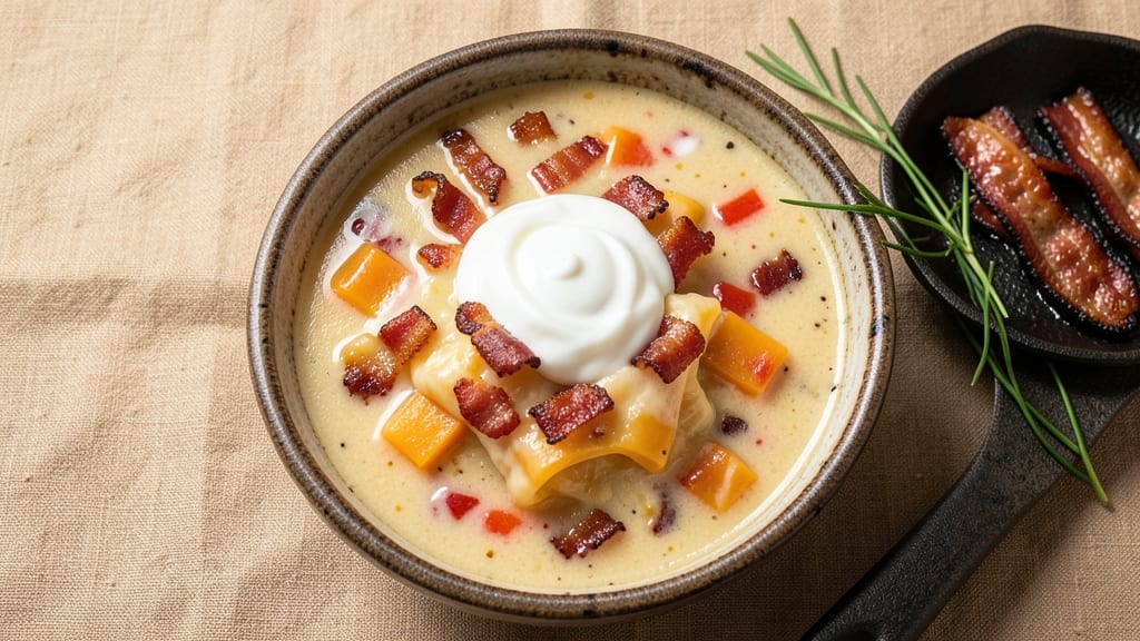 Atlanta Bread Company Wisconsin Cheese Soup Recipe: Crispy Celery Crowns Over Smoky Bacon Velout