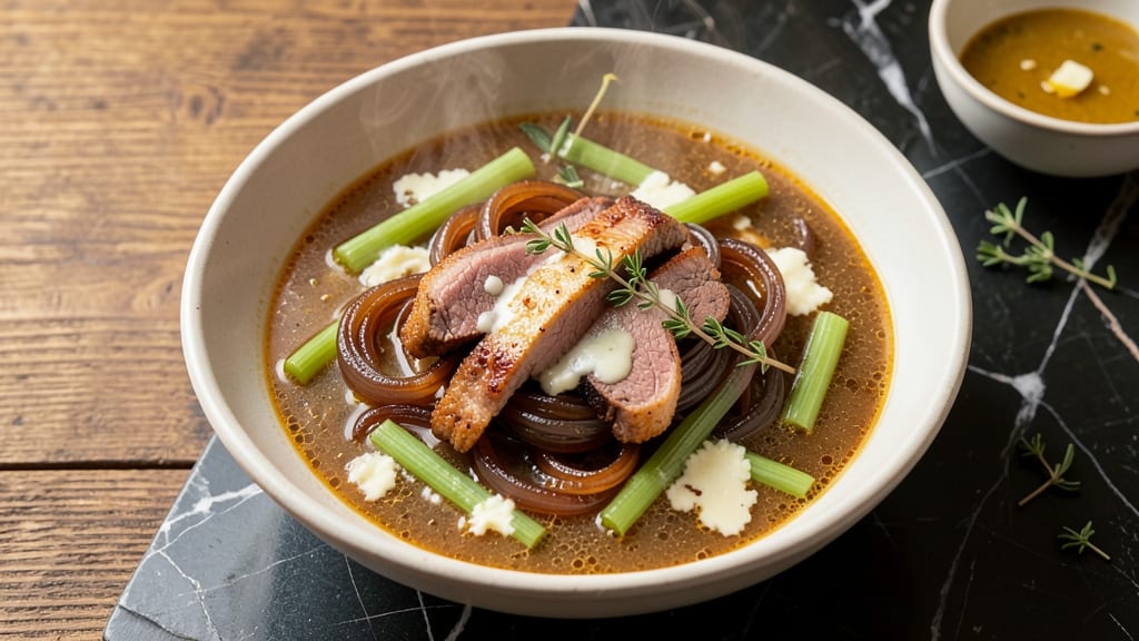 Beefy Onion Soup Recipe: Crispy Celery Crowns Over Smoky Gruyère Velout