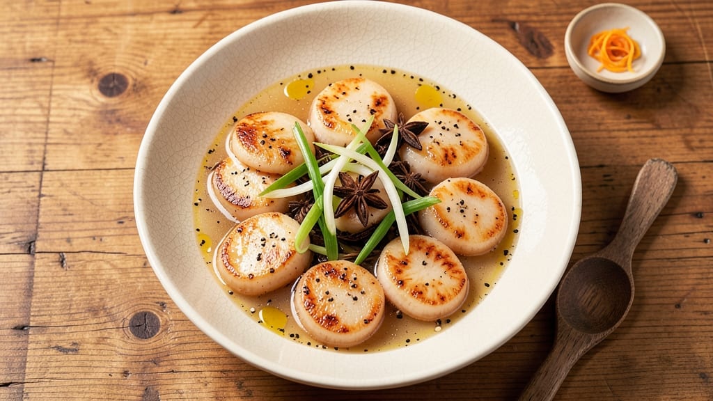 Chinese Scallop Soup Recipe: Lightly Poached Scallops in Ginger-Star Anise Broth